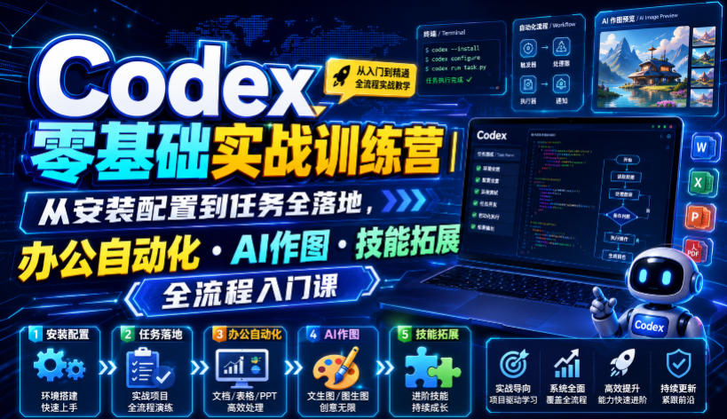 Codex零基础实战训练营|从安装配置到任务全落地,办公自动化・AI作图・技能拓展全流程入门课 Codex零基础实战训练营|从安装配置到任务全落地,办公自动化・AI作图・技能拓展全流程入门课