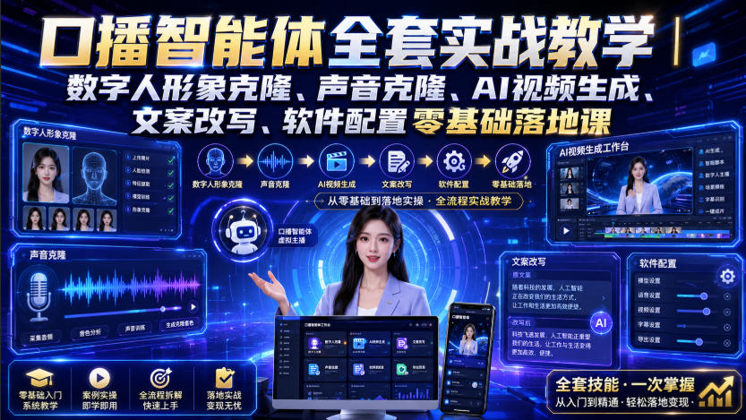 口播智能体全套实战教学｜数字人形象克隆、声音克隆、AI视频生成、文案改写、软件配置零基础落地课-易工具
