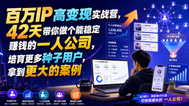 百万IP高变现实战营,42天带你做个能稳定賺钱的一人公司,培育更多种子用户,拿到更大的案例-易工具