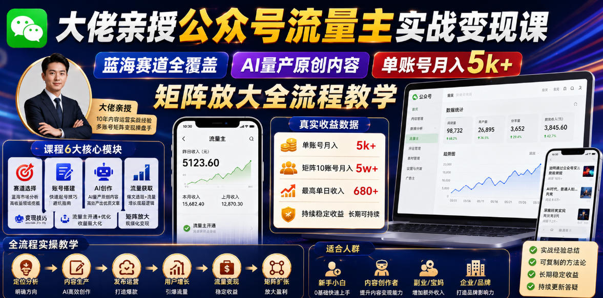 大佬亲授公众号流量主实战变现课，蓝海赛道全覆盖，AI量产原创内容，单账号月入5k+矩阵放大全流程教学-易工具