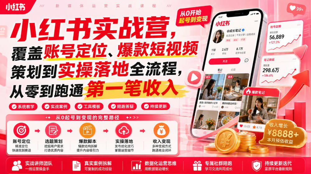 小红书实战营,覆盖账号定位、爆款短视频策划到实操落地全流程,从零到跑通第一笔收入 小红书实战营,覆盖账号定位、爆款短视频策划到实操落地全流程,从零到跑通第一笔收入