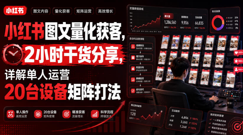 小红书图文量化获客,2小时干货分享,详解单人运营20台设备矩阵打法 小红书图文量化获客,2小时干货分享,详解单人运营20台设备矩阵打法