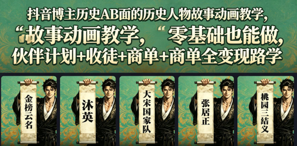 抖音博主历史AB面的历史人物故事动画教学,零基础也能做,伙伴计划+收徒+商单全变现路径教学 抖音博主历史AB面的历史人物故事动画教学,零基础也能做,伙伴计划+收徒+商单全变现路径教学