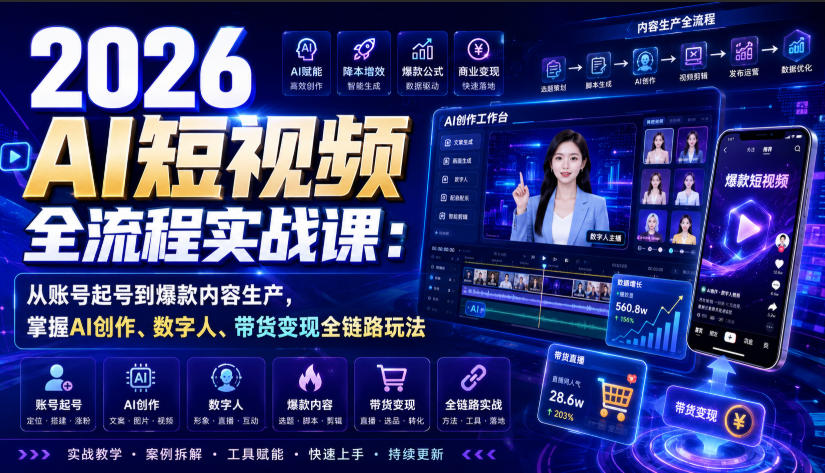 2026 AI短视频全流程实战课：从账号起号到爆款内容生产，掌握AI创作、数字人、带货变现全链路玩法-易工具