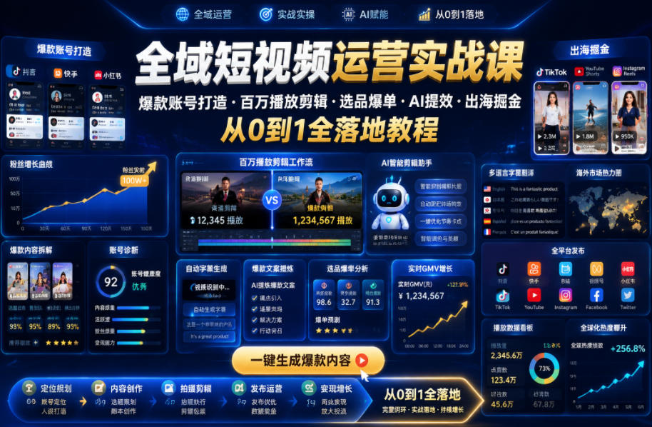 全域短视频运营实战课，爆款账号打造・百万播放剪辑・选品爆单・AI提效・出海掘金，从0到1全落地教程-易工具