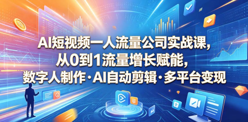 AI短视频一人流量公司实战课，从0到1流量增长赋能，数字人制作・AI自动剪辑・多平台变现，一人做流量生意全落地教程-易工具