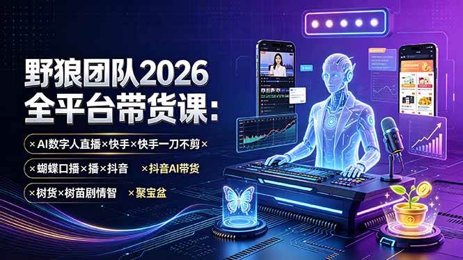 (19511期)野狼团队2026全平台带货课-7月:AI数字人直播×快手一刀不剪×蝴蝶口播×抖音AI带货×树苗剧情智剪×聚宝盆-易工具