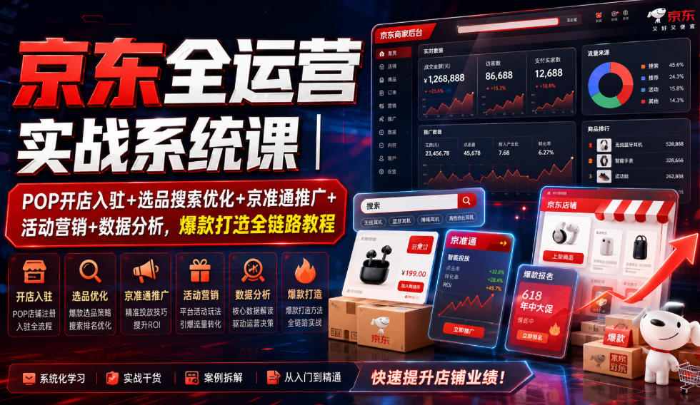 京东全运营实战系统课｜POP开店入驻+选品搜索优化+京准通推广+活动营销+数据分析，爆款打造全链路教程-易工具