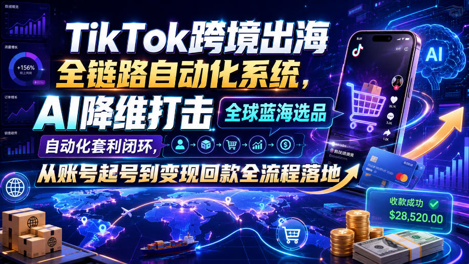 TikTok跨境出海全链路自动化系统,AI降维打击全球蓝海选品自动化套利闭环,从账号起号到变现回款全流程落地(2026年7月) TikTok跨境出海全链路自动化系统,AI降维打击全球蓝海选品自动化套利闭环,从账号起号到变现回款全流程落地(2026年7月)