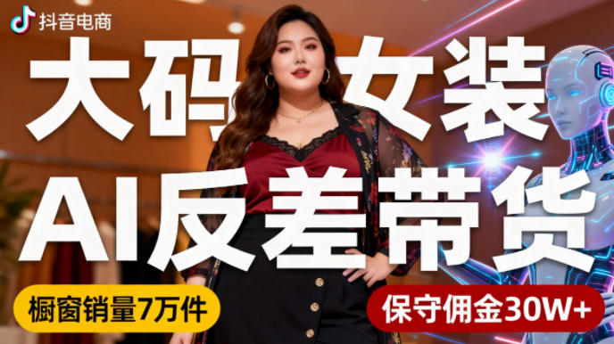 抖音小众赛道,大码女装AI反差带货,不用直播,每天6条作品,橱窗卖7万件,保守佣金30W+-易工具