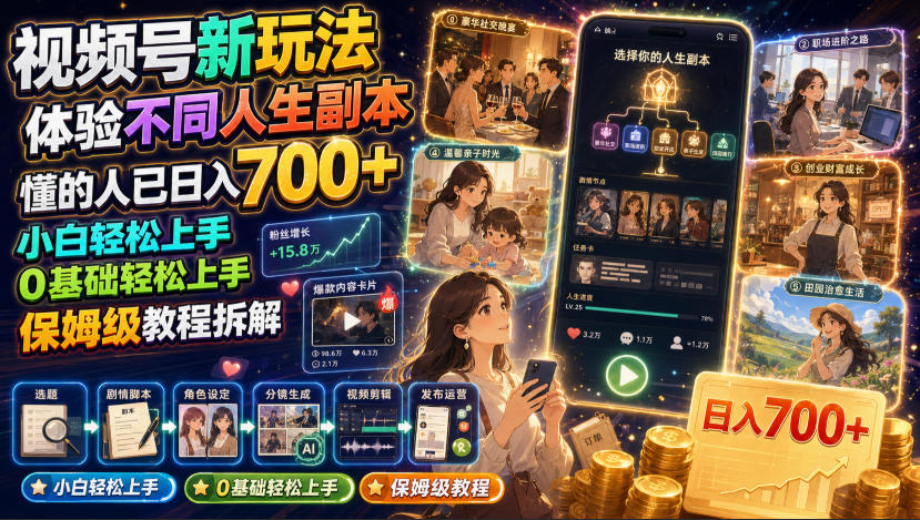视频号新玩法体验不同人生副本,懂的人已日入700+,小白轻松上手,0基础轻松上手,保姆级教程拆解 视频号新玩法体验不同人生副本,懂的人已日入700+,小白轻松上手,0基础轻松上手,保姆级教程拆解