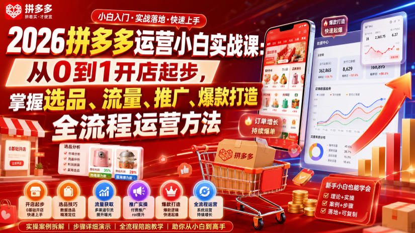 2026拼多多运营小白实战课:从0到1开店起步,掌握选品、流量、推广、爆款打造全流程运营方法 2026拼多多运营小白实战课:从0到1开店起步,掌握选品、流量、推广、爆款打造全流程运营方法