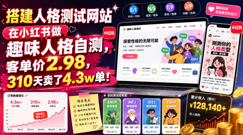 搭建人格测试网站在小红书做趣味人格自测,客单价2.98,310天卖了4.3w单! 搭建人格测试网站在小红书做趣味人格自测,客单价2.98,310天卖了4.3w单!