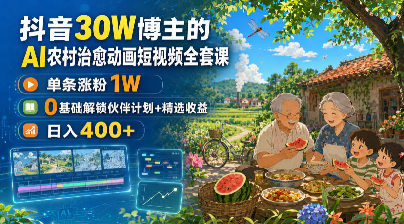 抖音30W博主的AI农村治愈动画短视频全套课|单条涨粉1W,0基础解锁伙伴计划+精选收益,日入400+-易工具