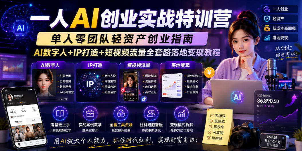 一人AI创业实战特训营，单人零团队轻资产创业指南，AI数字人+IP打造+短视频流量全套路落地变现教程-易工具