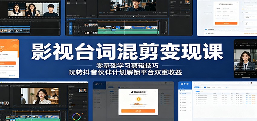 影视台词混剪变现课:零基础学习剪辑技巧,玩转抖音伙伴计划解锁平台双重收益-易工具
