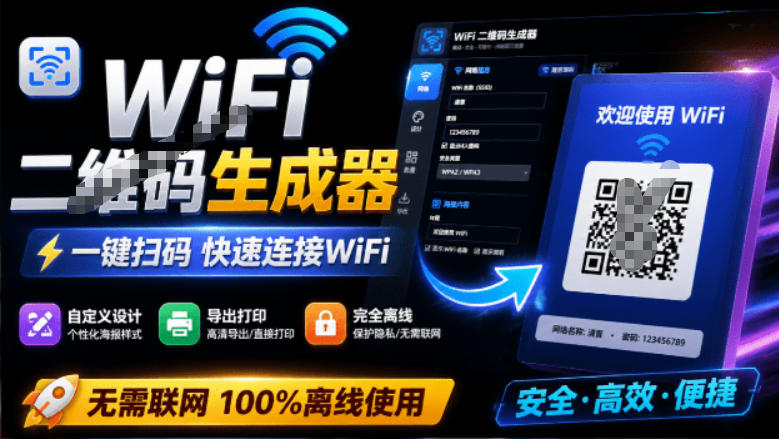 完全离线使用!WiFi二维码生成器,一键扫码快速连接WiFi,支持自定义风格导出WiFi二维码生成器-易工具