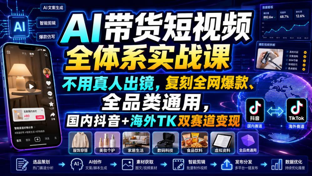 AI带货短视频全体系实战课,不用真人出镜,复刻全网爆款、全品类通用,国内抖音+海外TK双赛道变现-易工具