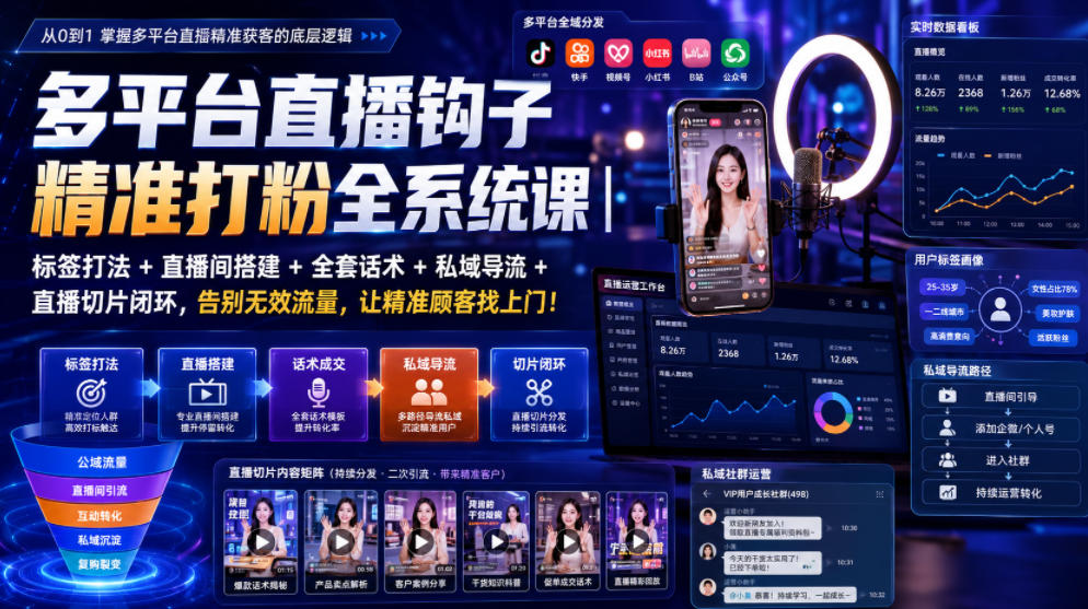 多平台直播钩子精准打粉全系统课|标签打法+直播间搭建+全套话术+私域导流+直播切片闭环,告别无效流量,让精准顾客找上门!-易工具