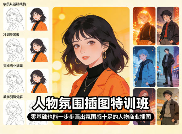 人物氛围插图特训班，零基础也能一步步画出氛围感十足的人物商业插图-易工具