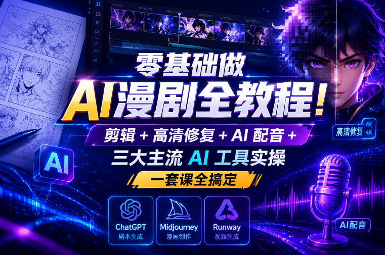 零基础做AI漫剧全教程！剪辑+高清修复+AI配音+三大主流AI工具实操，一套课全搞定-易工具