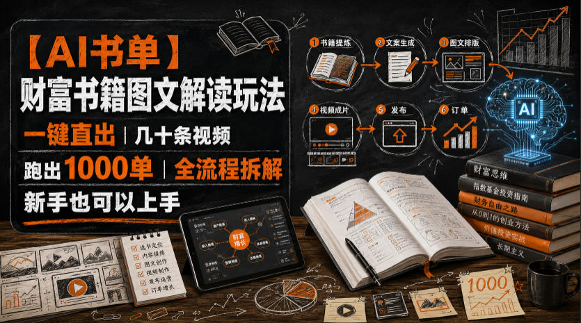 【AI书单】财富书籍图文解读玩法，一键直出，几十条视频，跑出1000单，全流程拆解，新手也可以上手