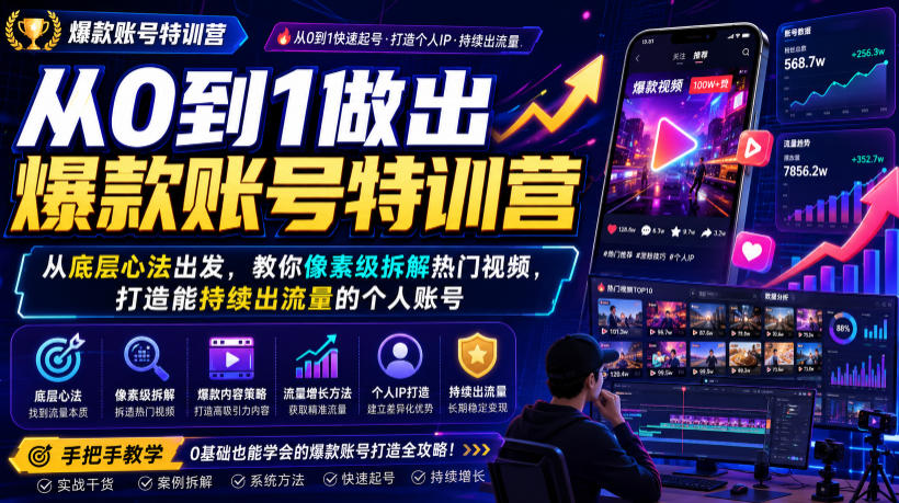 从0到1做出爆款账号特训营,从底层心法出发,教你像素级拆解热门视频,打造能持续出流量的个人账号 从0到1做出爆款账号特训营,从底层心法出发,教你像素级拆解热门视频,打造能持续出流量的个人账号