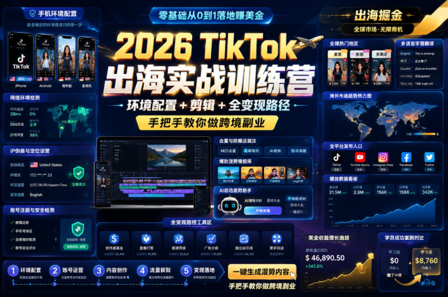2026 TikTok出海实战训练营，环境配置 + 剪辑 + 全变现路径，手把手教你做跨境副业-易工具