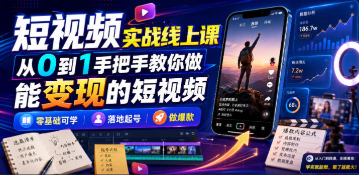 短视频实战线上课,从0到1手把手教你做能变现的短视频,零基础可学,落地起号做爆款-易工具