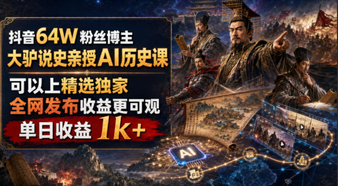 抖音64W粉丝博主大驴说史亲授AI历史课,可以上精选独家,全网发布收益更可观,单日收益1k+-易工具