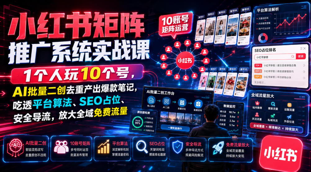 小红书矩阵推广系统实战课｜1个人玩10个号，AI批量二创去重产出爆款笔记，吃透平台算法、SEO占位、安全导流，放大全域免费流量