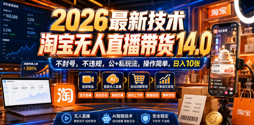 2026最新技术,淘宝无人直播带货14.0,不封号,不违规,公+私玩法,操作简单,日入10张【揭秘】-易工具