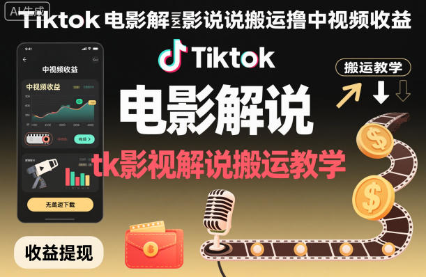 Tiktok电影解说搬运撸中视频收益，tk影视解说搬运教学-易工具