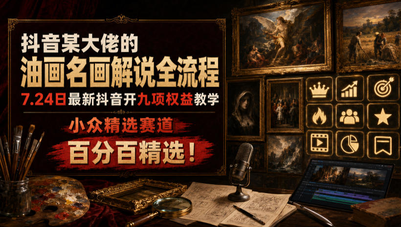 抖音某大佬的油画名画解说全流程，7.24日最新抖音开九项权益教学，小众精选赛道，百分百精选！-易工具
