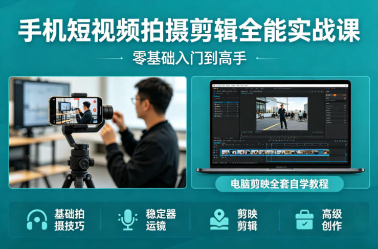 手机短视频拍摄剪辑全能实战课：零基础入门到高手，稳定器运镜+电脑剪映全套自学教程-易工具