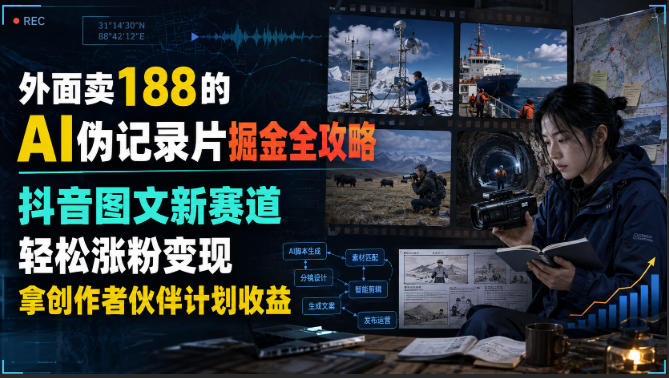 外面卖188的AI伪记录片掘金全攻略，抖音图文新赛道，轻松涨粉变现，拿创作者伙伴计划收益【文档】-易工具