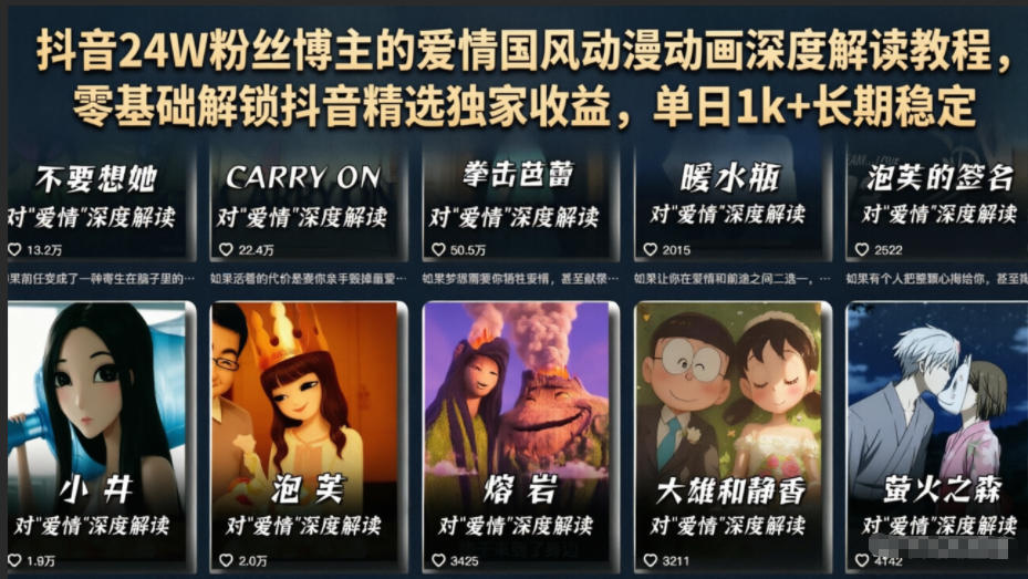 抖音24W粉丝博主的爱情国风动漫动画深度解读教程，零基础解锁抖音精选独家收益，单日1k+长期稳定-易工具