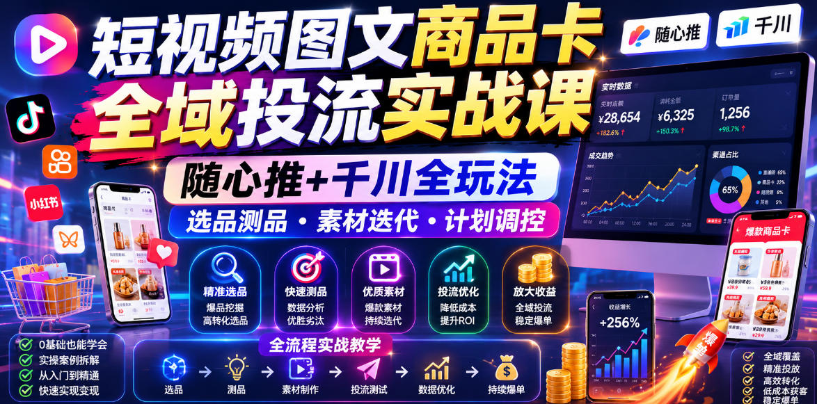 短视频图文商品卡全域投流实战课，随心推+千川全玩法，选品测品・素材迭代・计划调控，提升ROI爆单增收教程-易工具
