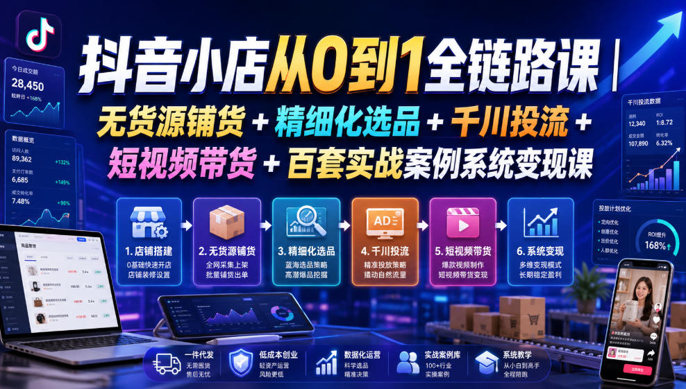 抖音小店从0到1全链路课|无货源铺货+精细化选品+千川投流+短视频带货+百套实战案例系统变现课(2026年7月更新)-易工具