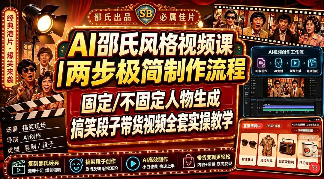 （19602期）AI邵氏风格视频课｜两步极简制作流程，固定/不固定人物生成，搞笑段子带货视频全套实操教学-易工具