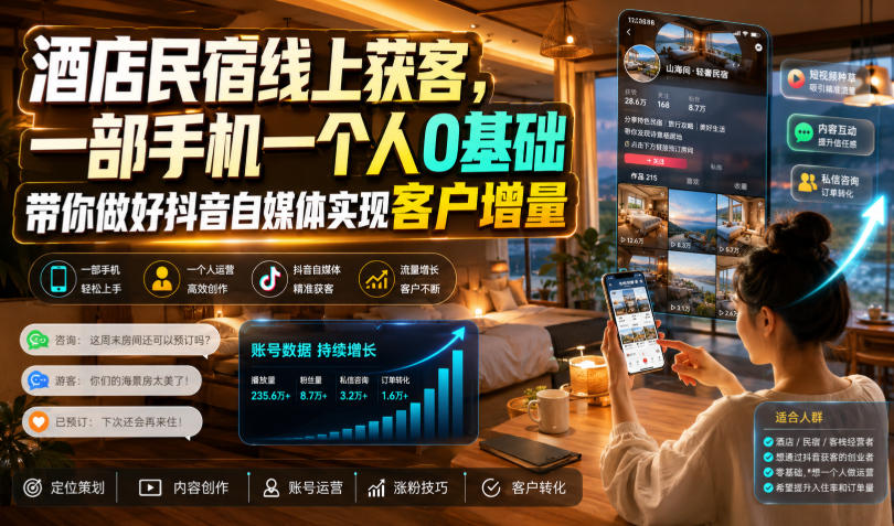 酒店民宿线上获客,一部手机一个人0基础带你做好抖音自媒体实现客户增量-易工具