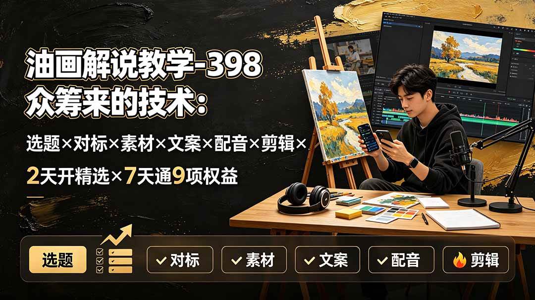 （19587期）油画解说教学-398众筹来的技术-刯新：选题×对标×素材×文案×配音×剪辑×2天开精选×7天通9项权益-易工具