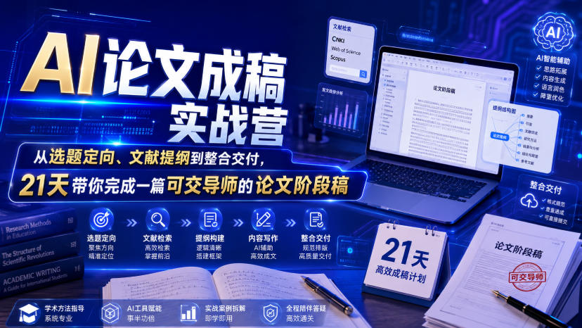 AI论文成稿实战营,从选题定向、文献提纲到整合交付,21天带你完成一篇可交导师的论文阶段稿 AI论文成稿实战营,从选题定向、文献提纲到整合交付,21天带你完成一篇可交导师的论文阶段稿