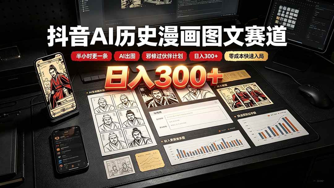 (19498期)抖音AI历史漫画图文赛道:半小时更一条×AI出图×邪修过伙伴计划×日入300+,零成本快速入局-易工具