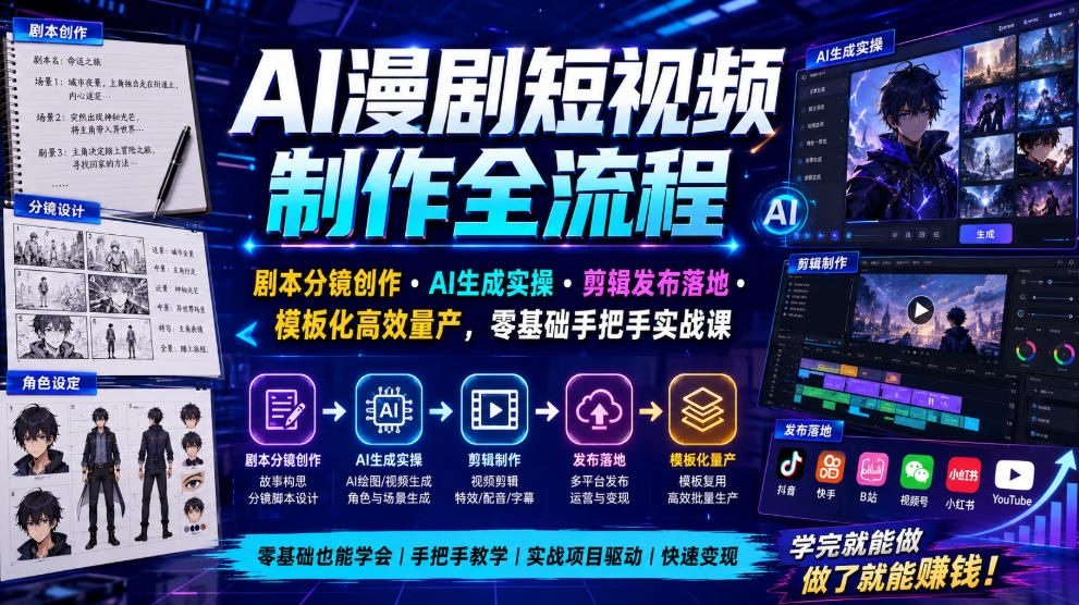 AI漫剧短视频制作全流程｜剧本分镜创作・AI生成实操・剪辑发布落地・模板化高效量产，零基础手把手实战课-易工具