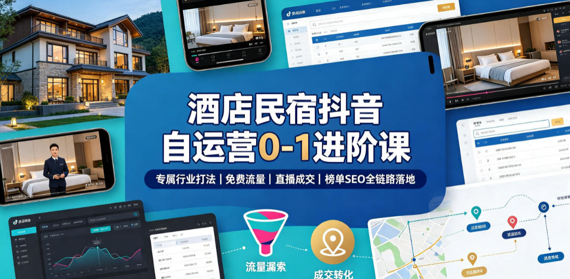 酒店民宿抖音自运营0-1进阶课|专属行业打法、免费流量+直播成交+榜单SEO全链路落地-易工具