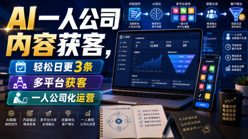 AI一人公司内容获客，轻松日更3条，多平台获客，一人公司化运营（更新）