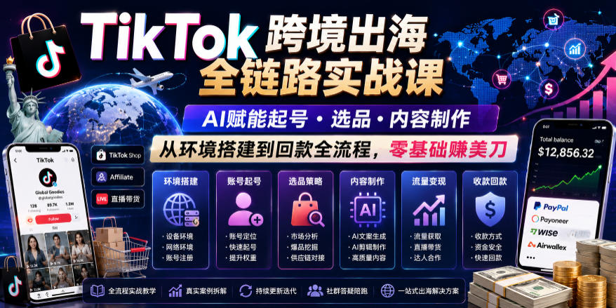 TikTok跨境出海全链路实战课，AI赋能起号・选品・内容制作，从环境搭建到回款全流程，零基础賺美刀-易工具
