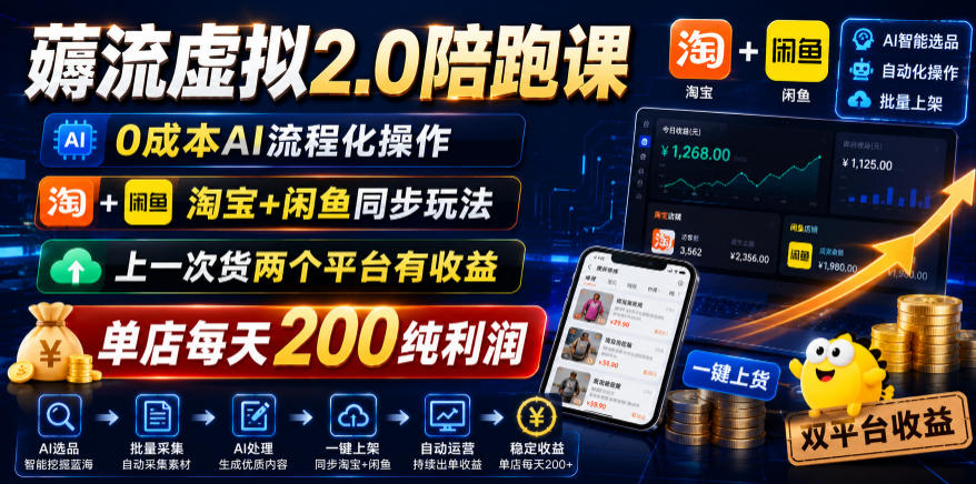 薅流虚拟2.0陪跑课,0成本AI流程化操作,淘宝+闲鱼同步玩法,上一次货两个平台有收益,单店每天200纯利润-易工具