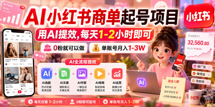 AI小红书商单起号项目，用AI提效,每天1-2小时即可，0粉就可以做，单账号月入1-3W-易工具